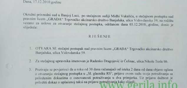 Slučaj “Građa”- Samovolja i ugovor s kompanijom “Dušanić” firmu odveli u stečaj, a radnike na ulicu